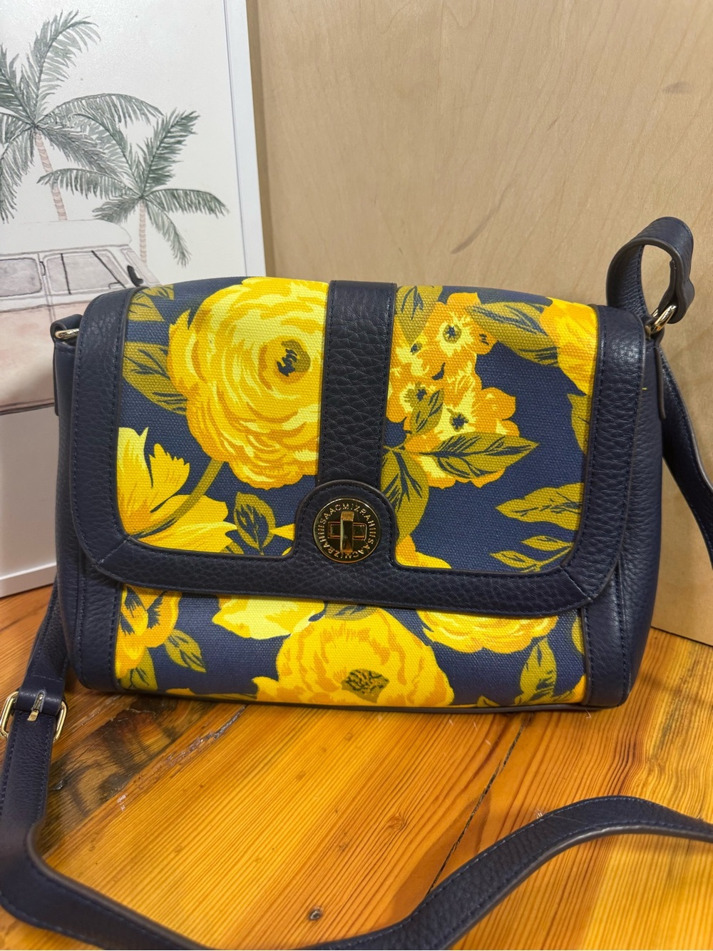 Isaac Mizrahi Navy Crossbody with Yellow Floral Print - Picture 2 of 10